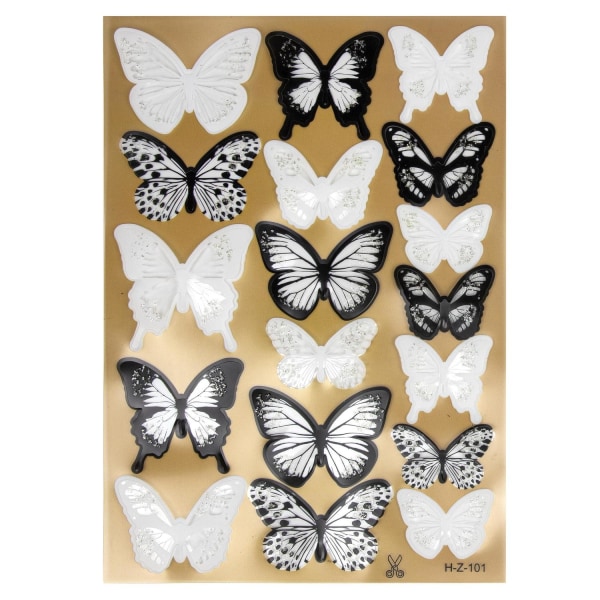 18x 3D Dekorationsfjärilar - Svartvit multifärg