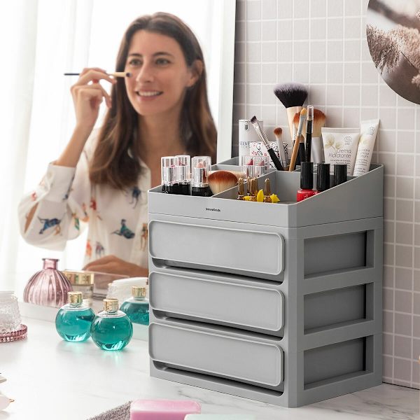 Makeup opbevaring - 3 æsker - 9 rum - grå Grey