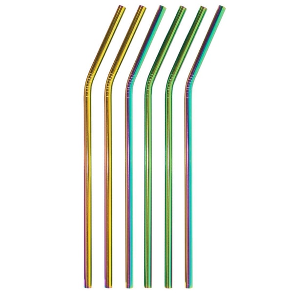 6x Bøjede Metalsugerør - Regnbue Multicolor