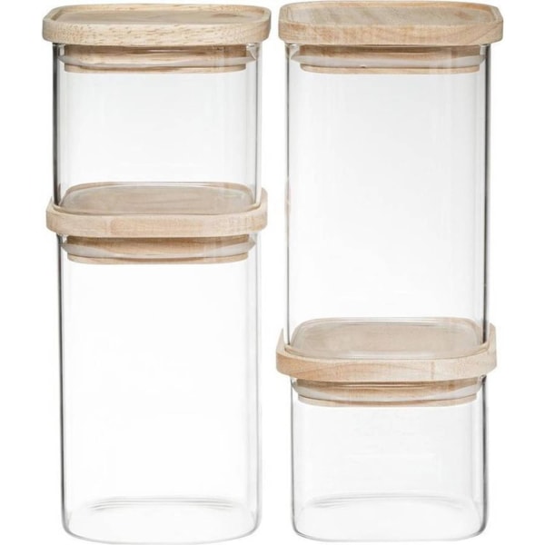 4 stabelbare glaskrukker med trælåg Transparent