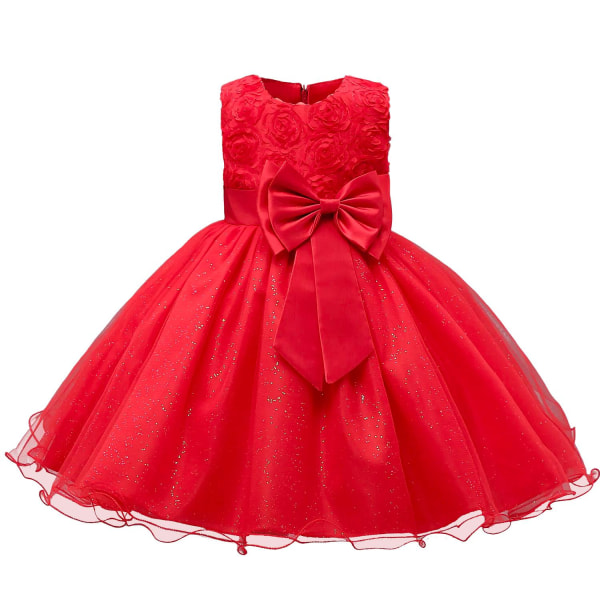 Festklänning med Rosett och Blommor - Röd Red one size
