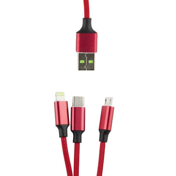 3 in 1 Micro-USB, Type-C, Lightning USB 1,2m - Punainen Red