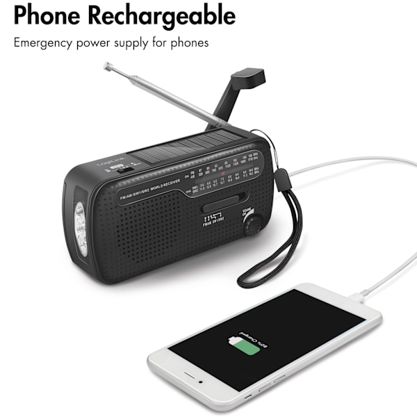 Krankradio med lommelygte og solcelle Sort