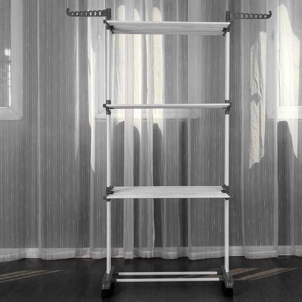 Tørrestativ med hjul og foldbare hylder Grey