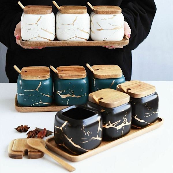 3x Krydderikrukker med Bakke - Sort Black