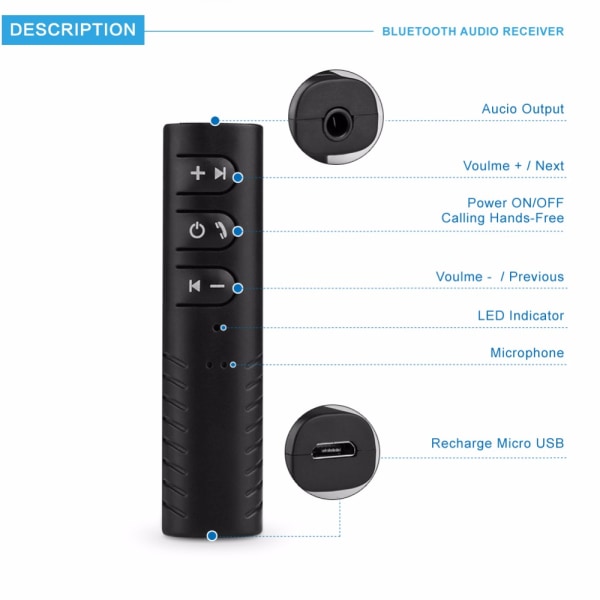 Bluetooth AUX Adapter - Inbyggd Mikrofon Svart