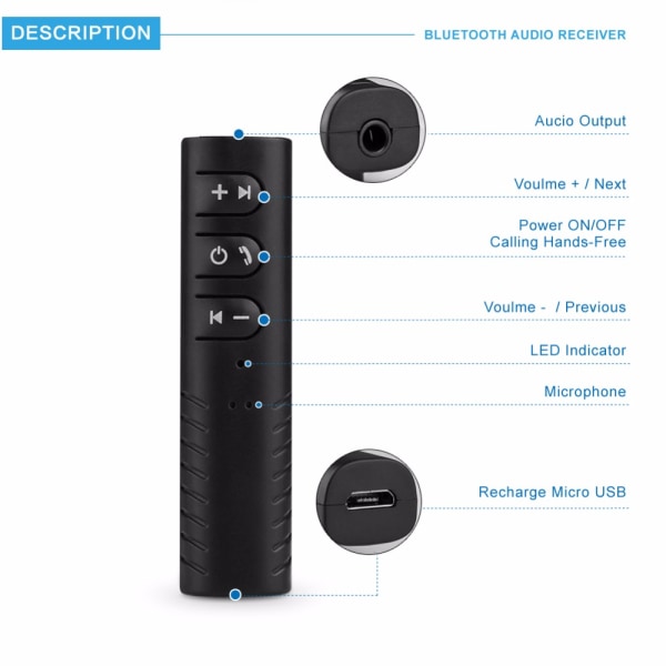 Bluetooth AUX Adapteri - Sisäänrakennettu Mikrofoni Black