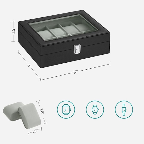 Klockbox i svart läder med 10 fack och glaslock Svart