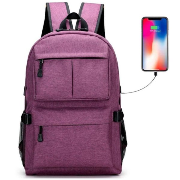 Slidstærk og stor rygsæk med USB-port - Lilla Purple