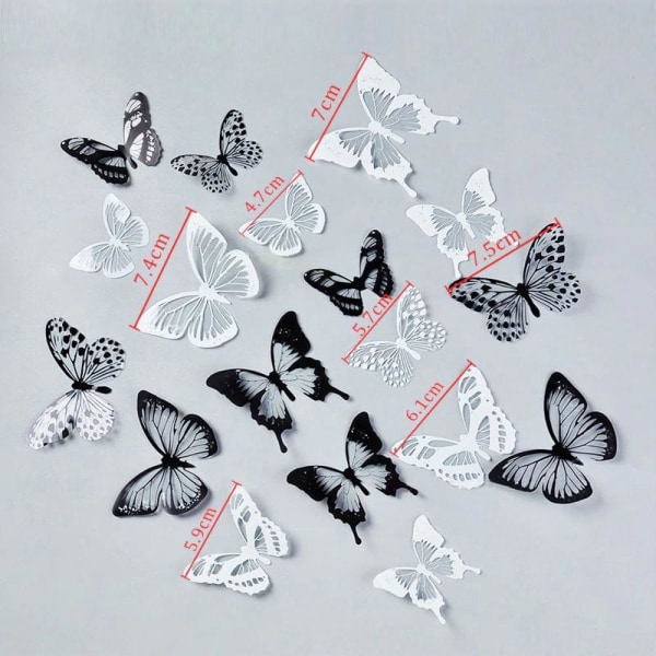 18x 3D Dekorationsfjärilar - Svartvit multifärg