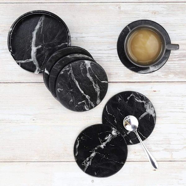 6x Coasters med Holder - Rund - Sort Black