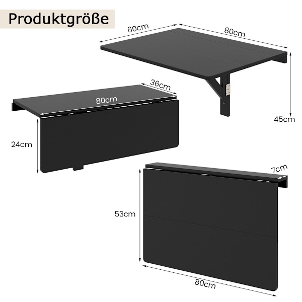 Vægmonteret Foldebord Pladsbesparende Køkkenbord Foldevægbord 80 x 60 cm Sort