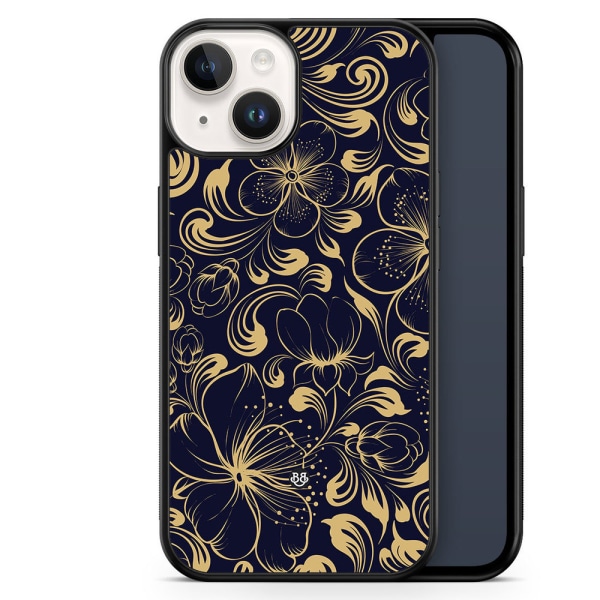 Bjornberry Skal iPhone 14 -Guld/Mörkblå Blommor