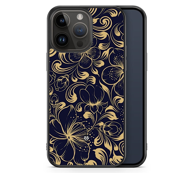Bjornberry Skal iPhone 14 Pro Max - Guld/Mörkblå Blommor
