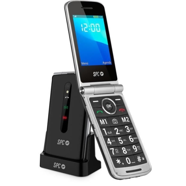 SPC Prince 4G – Flip Mobiltelefon för seniorer, stora knappar, SOS-knapp, laddningsvagga och USB-C – Svart