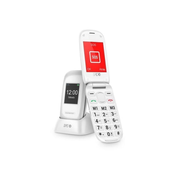 SPC Harmony - Mobiltelefon för seniorer, stora knappar, SOS-knapp, direktminnen, laddningsbas, vit