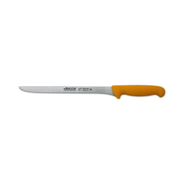 Skinkkniv Arcos 2900 - Prof 291100 i Nitrum rostfritt stål och ergonomisk gul polypropen mangokniv med 24 cm blad,