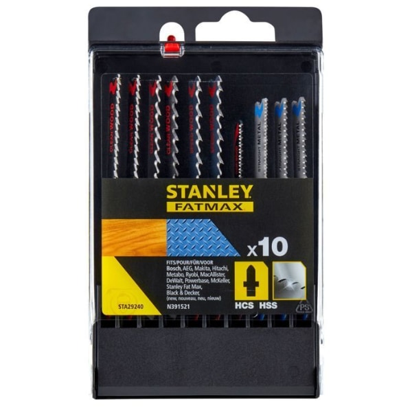 Stanley Box med 10 sticksågsblad: 7 HCS träblad och 3 HSS metallblad. T-klämma STA29240-XJ