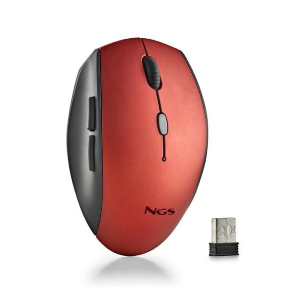 NGS BEE RED: Ergonomisk trådlös mus med tysta knappar. Justerbar DPI: 800/1200/1600. Högerhänt. Plug &amp; Play. Röd färg.