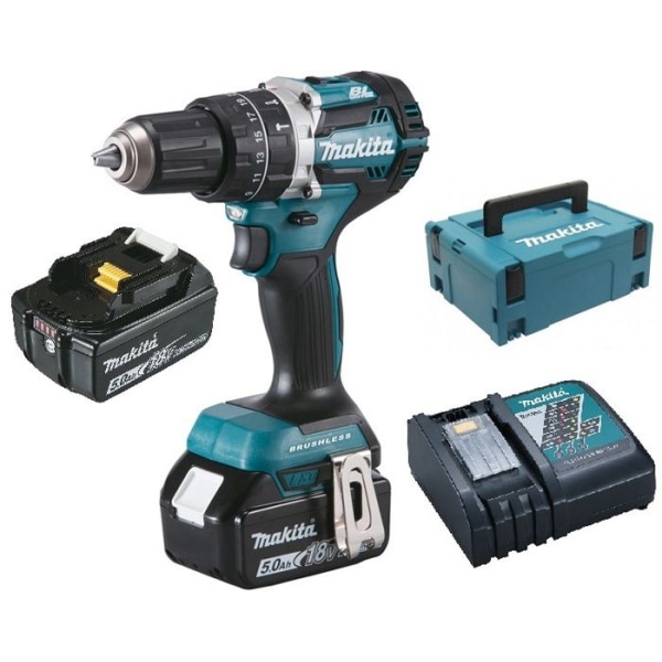 18V slagborrmaskin + 2 5Ah batterier + laddare + MAKPAC box - MAKITA - DHP484RTJ