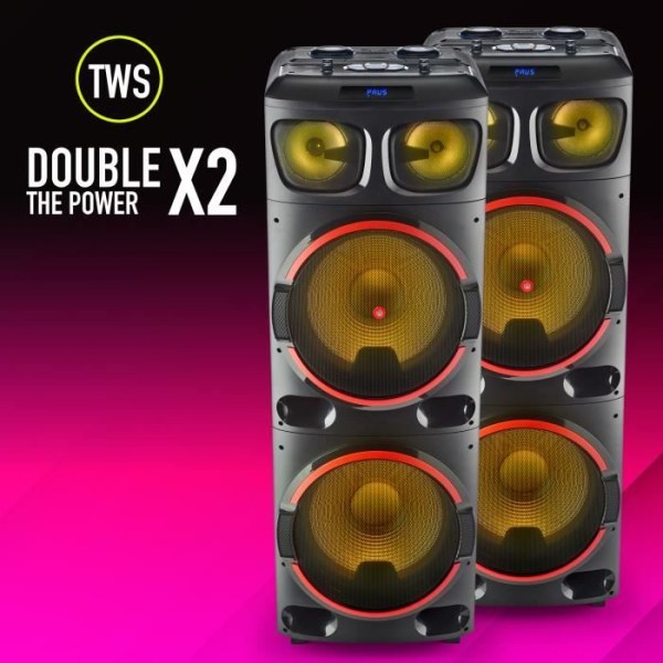 NGS WILD DUB 3 - 1200W Bärbar högtalare kompatibel med Bluetooth-teknik och True Wireless Stereo, dubbel 15" Subwoofer + Doub