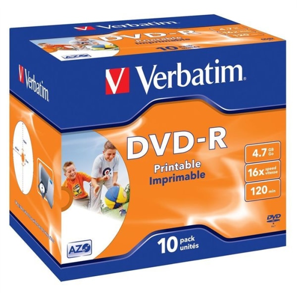 Utskrivbar DVD-R 16X Verbatim - Paket med 10 - Kristallfodral - 4,7 GB - 120 minuter