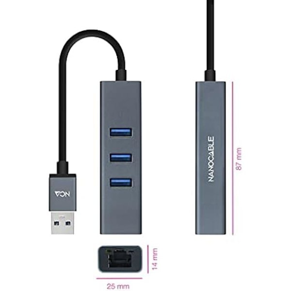 NANOCABLE 10.03.0407 - USB 3.0 till Gigabit Ethernet + 3XUSB 3.0-omvandlare, aluminium, grå, 15 cm