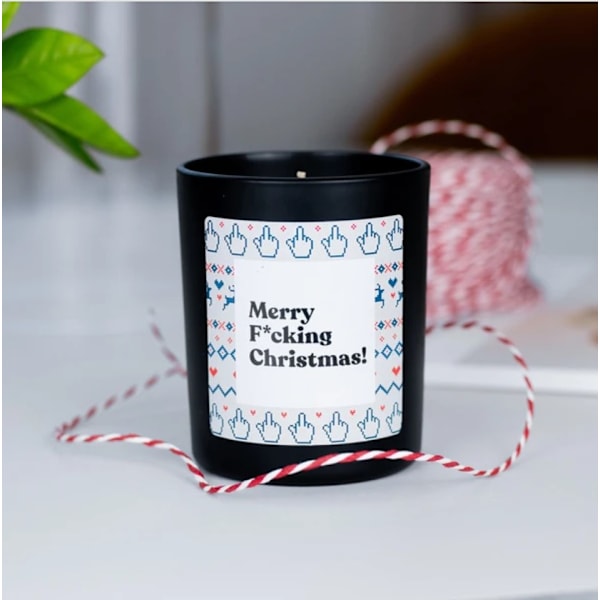 Handgjort unikt doftljus, text Merry F*cking Christmas, Jul