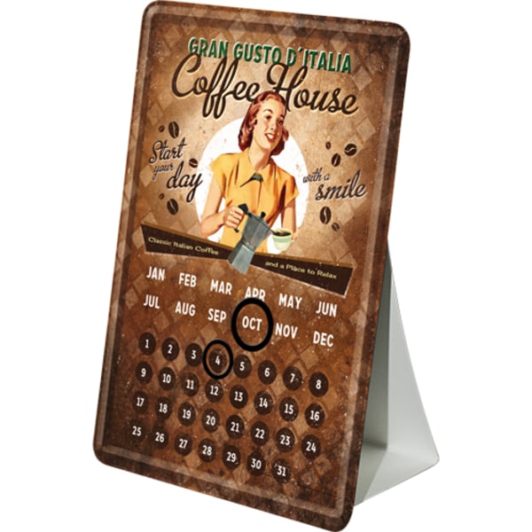 Vykort i metall med kalender - Coffee House - Kaffe, morgon, retro, 50-tal, Café