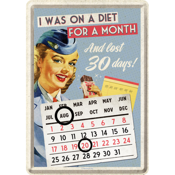 Vykort i plåt med kalender - "I was on a diet" - Humor, retro stil, 50-tal, banta