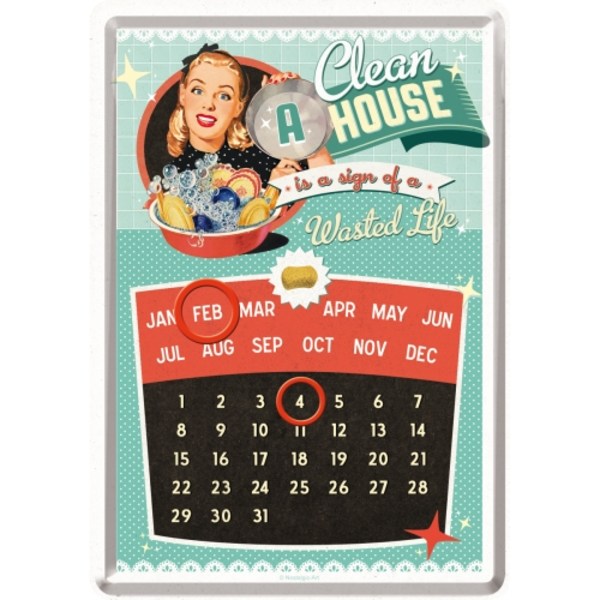 Vykort i plåt med Kalender - A clean house... Städa, retro, 50-tal, humor