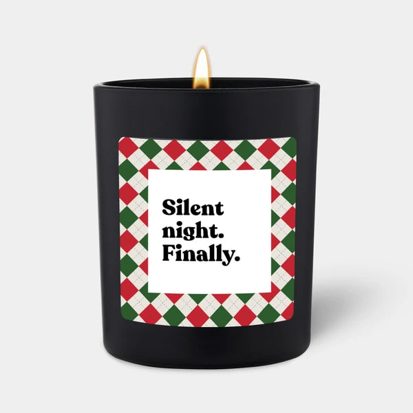 Handgjort unikt doftljus, text Silent night. Finally!, Jul