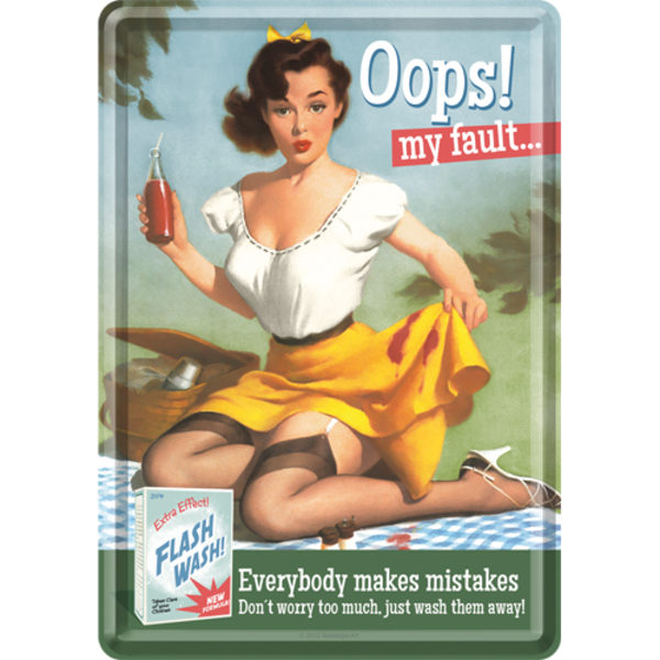 Vykort i plåt Retro pinup 50-tal - "Oops my fault..."