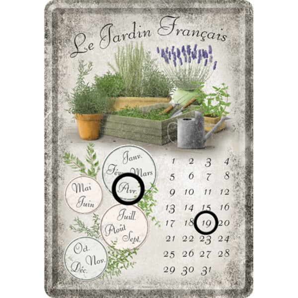 Vykort i plåt med kalender - Le Jardin Francais - Frankrike, trädgård, romantiskt, lavendel