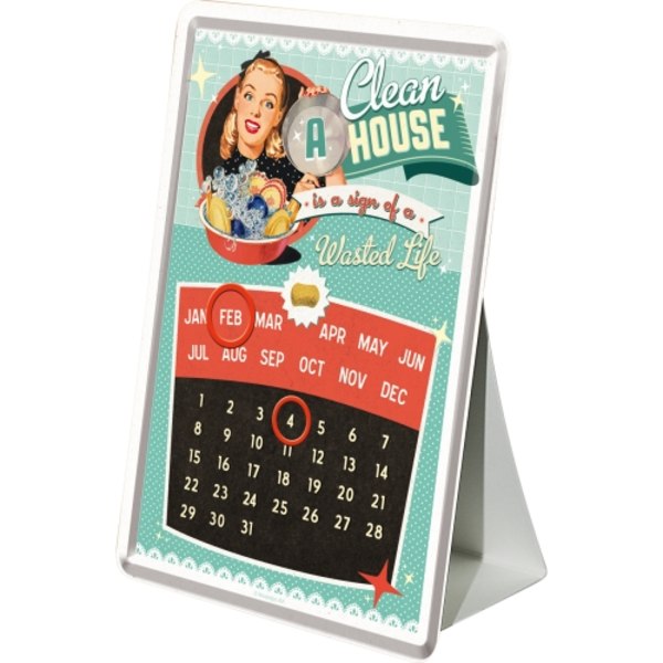 Vykort i plåt med Kalender - A clean house... Städa, retro, 50-tal, humor