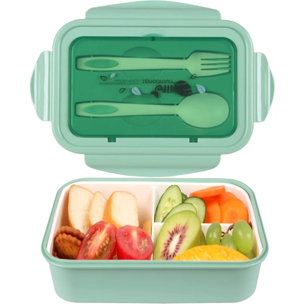 Matboks, Bento-bokser, lunsjboks, lekkasjesikre matbokser for barn og voksne, Bento-lunsjbokser med 3 rom og bestikk Grønn Green