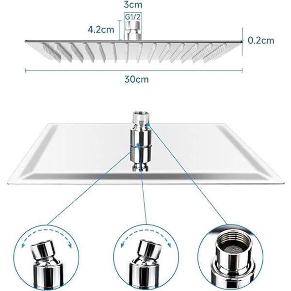 Kvadratisk, anti-kalk dusjhode, vannsparende regndusjhode med rustfritt stål dyser 12 tommer/30 cm polert kromfinish (speil)