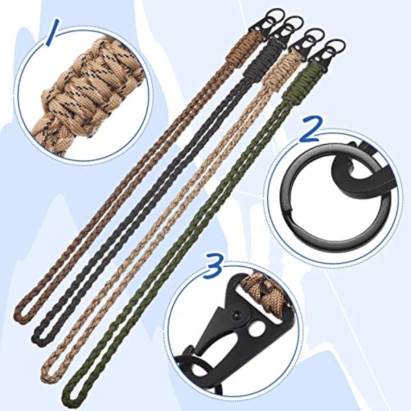 4 kraftiga nyckelband med Hk metallklämmor Paracord nyckelring för män kvinnor Nyckelhals utomhus överlevnad telefon visselpipa 4 stilar