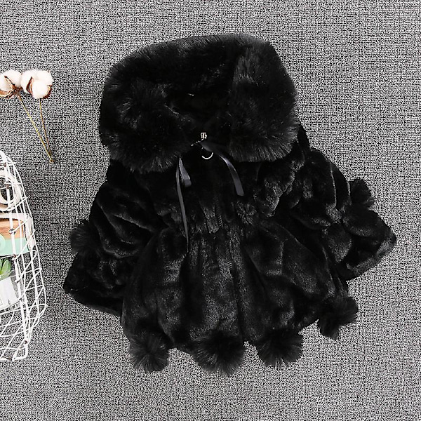 Børnejakke med imiteret pels, stor pelskrave, pelsbold, tyk quiltet pigejakke, vintertøj, 100 cm, sort balck 100cm