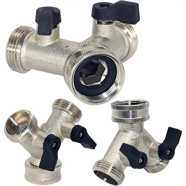 RYO_2-veis hageslangesplitter, 2-veis krankobling med individuell av/på og to hurtigkoblinger, 3/4\" krank Y-splitter messing slangekobling - Sølv