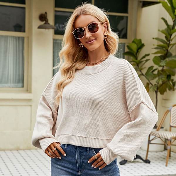 Dam Färgblockade Tröjor Långärmad Rundhalsad Pullover Stickad Jumper Toppar Apricot color XS