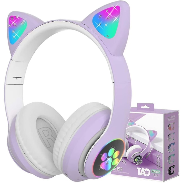 Vikbara Over-ear Cat Ears Trådlösa Bluetooth -hörlurar med mikrofon, justerbar Stereopurple