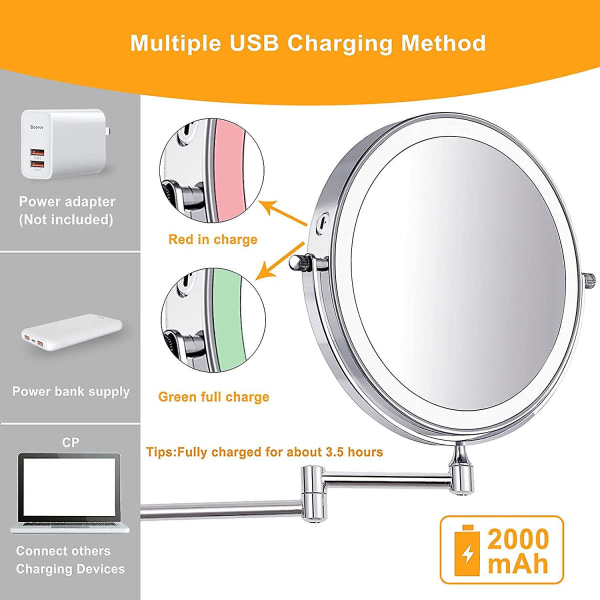 8 Tommer USB Genopladelig LED Væghængt Sminke Spejl 3 Farve Lys Dobbeltsidet 1x/10x Forstørrelsesspejl Berøringsskifte Smart Slukke 360 Svingbart Vanity Spejl