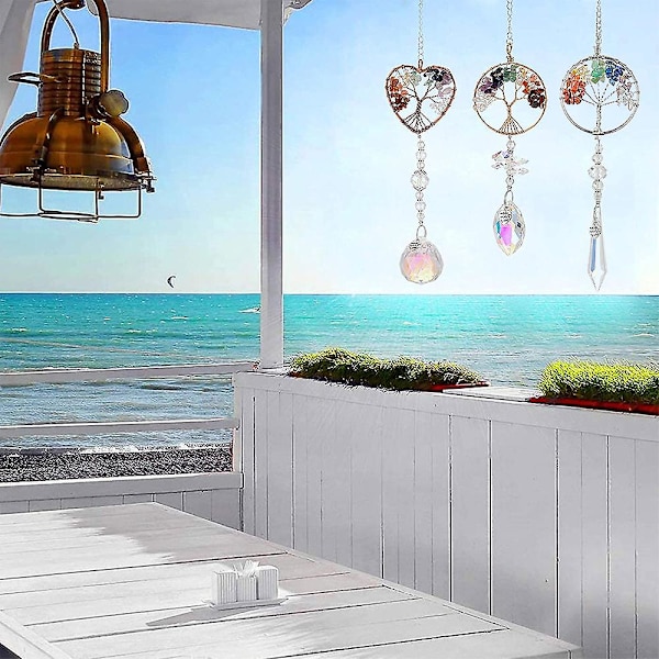 3 Pack Hängande Kristaller - Livsträd Kristallhänge Regnbågskristall Ornament Kristallkula Prisma Chakra Kristaller för Fönster, Trädgård, Heminredning