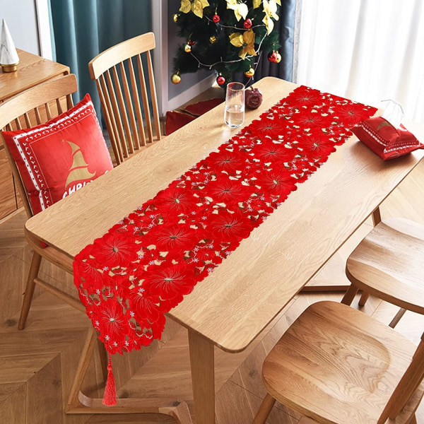 Christmas Table Runner, punainen joulubrodeerattu pöytäjalka, brodeerattu kukka, kirjailtu pöytäjalka joulupöytään