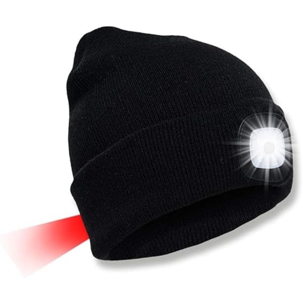 LED-neulottu hattu miesten naisten 4 LED-hattua USB ladattavalla kolmella valotilalla Handsfree-joululahja retkeilyyn, koiran ulkoilutukseen