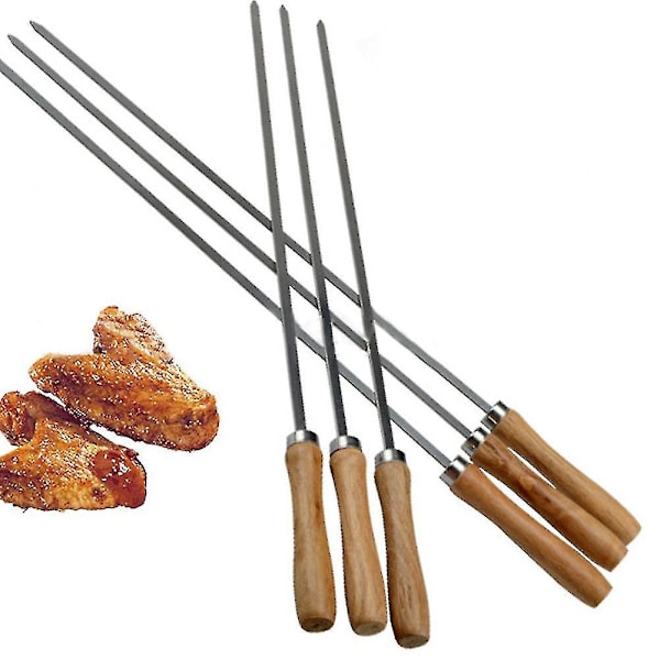 RYO_6 stk Grillspyd i rustfritt stål med trehåndtak, gjenbrukbare pinner for grilling