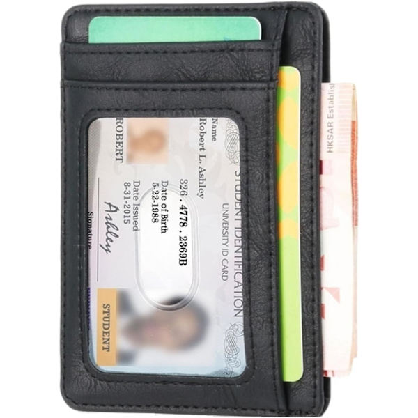 Plånbok med RFID-blockering, tunn läderplånbok för kreditkort, minimalistisk plånbok med ID-fönster för män, kvinnor och damer