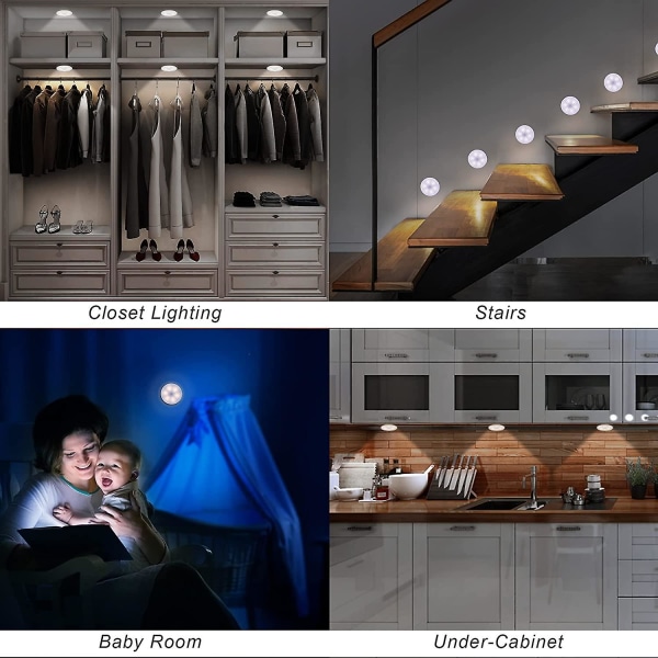 Automatisk LED-nattlampa, Inbyggd Rörelsesensor, Trådlösa LED-lampor, 3 Lägen (Auto/På/Av), LED-garderobslampa, USB-laddningsbar lampa för montrar, C