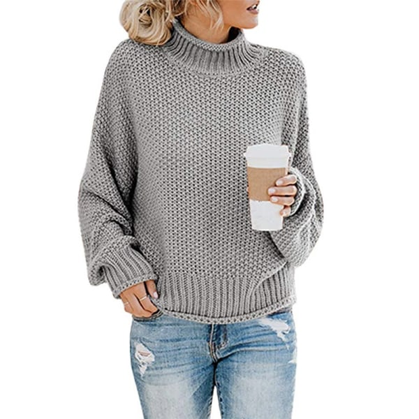 Dam Turtleneck Oversized Stickad Tröja Batwing Långärmad Pullover Lös Chunky Stickad Jumper grey M